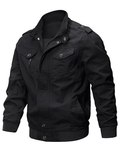 CRYSULLY Men's Cotton Military Jacket Lightweight Casual Windbreaker Stand Collar Bomber Jackets Coat with Multi Pockets