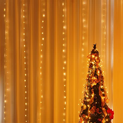 Dazzle Bright Window Curtain String Lights, 300 LED Warm White Fairy Lights with 8 Lighting Modes, Powered via USB, Waterproof Lights for Bedroom Christmas Party Wedding Home Garden Wall Deco.