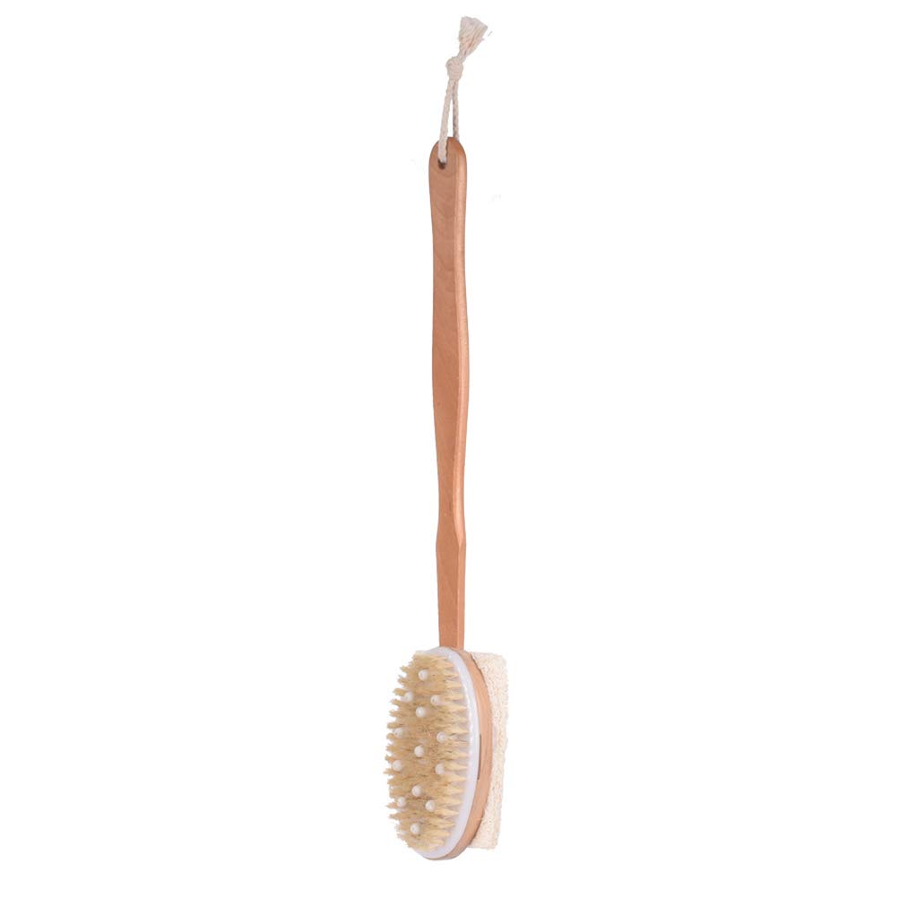 Yardwe Bath Body Brush Natural Bristles Exfoliating Loofah Sponge Body Massager with Long Wooden Handle for Dry Brushing and Shower