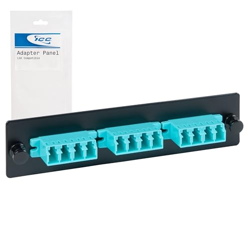 ICC LC-LC Fiber Optic Adapter Panel, LGX Compatible, 12 Fibers, Multimode 10G, Aqua 94V-0 Adapters, Push Fasteners, Black Steel