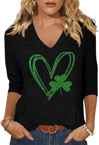 Image of Womens 3 /4 Sleeve V Neck Valentine T Shirts Love Heart Printed Graphic Tee Tops
