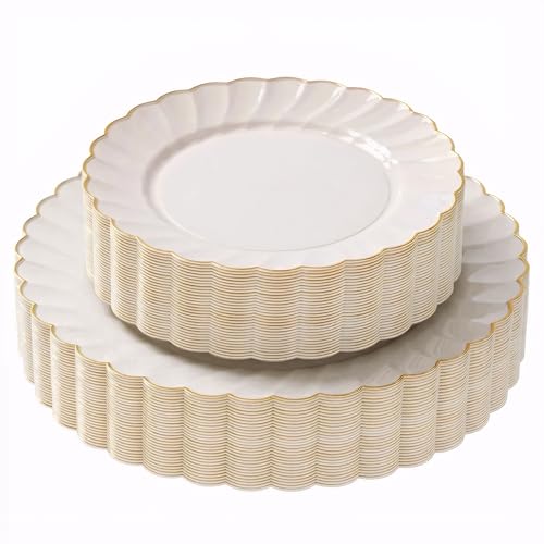 By Madee HEAVYWEIGHT Plastic Plates for Party | 60 Pc Ivory Scalloped Plates with Gold Trim | Fancy Disposable Plates for Weddings, Bridal Showers & Events | 30 Dinner & 30 Dessert