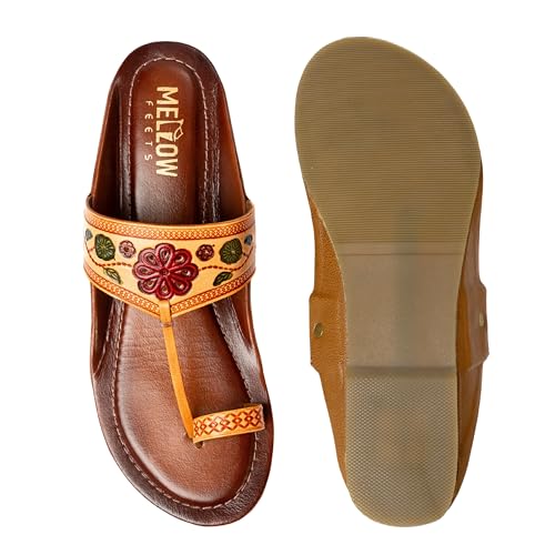 Image of Women Ladies Kolhapuri Genuine Leather Chappal Flats - Slip on Traditional Handcrafted Ethnic and Casual Toe Ring Sandals