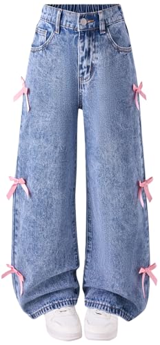 Civpe Girls Baggy Wide Leg High Waist Jeans with Bow Kids Denim Pants for Girls 7–14 Trendy Y2K Casual School Jeans Medium Blue