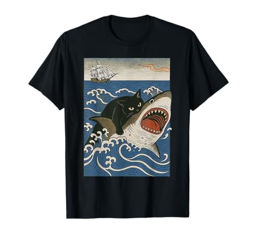 Black Cat Hunting Shark Ukiyoe Ocean Art Japanese Style T-Shirt