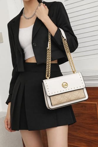 Image of Diva Dale MKF Crossbody Bag, White with Gold Chain Strap, Studded Design, Signature Logo