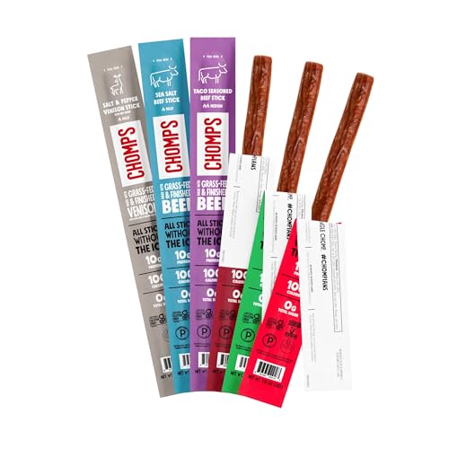 Chomps 6 Flavor Variety Trial Pack - Grass-Fed & Finished Beef and Venison, Keto, Paleo, Low Carb, Whole30 Approved, Gluten Free, Zero Sugar Food