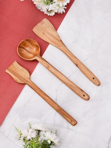 Image of Sanjeev Kapoor by OGGN Handmade Wooden Spoon Spatula Set of 3, Neem Wood Spoons N Spatulas Combo, Non-Sticky Ladles, Palta, Turner, Pasta Serving Spoon for Flipping, Frying, Serving Food (Pack of 3)
