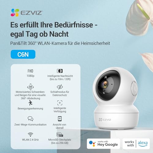 EZVIZ 1080P WLAN IP Kamera, schwenkbare Überwachungskamera Innen mit Zwei-Wege-Audio, Bewegungsverfolgung, IR Nachtsicht für Haustier, Babyphone kompatibel Alexa, 2,4 GHz WLAN, C6N 2 Set