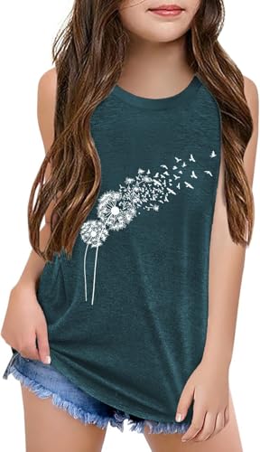 Image of Qbily Tank Tops for Girls Kids Summer Casual Cute Sleeveless Crewneck Graphic T Shirt 5-14 Years
