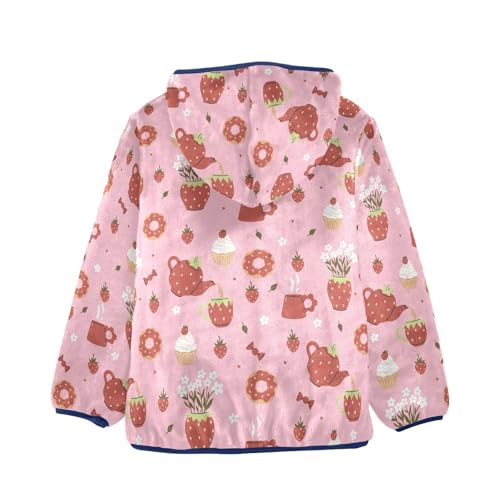 Strawberry Cups and Teapots Girls Fleece Jacket Girls Fall Jacket Girls Zip Up Hoodie Girls Sherpa Jacket 2-10T2