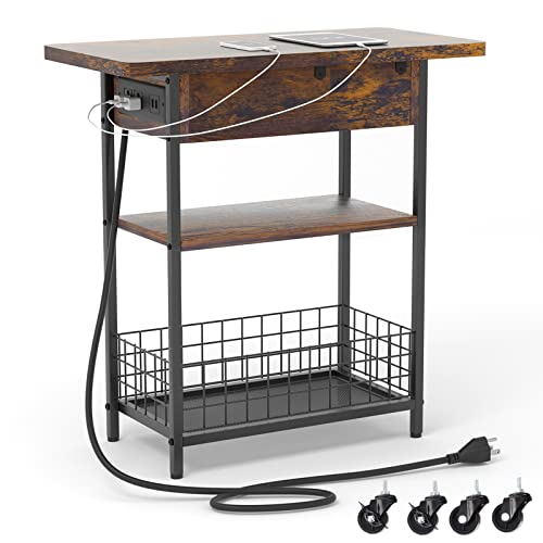 Narrow End Table With Charging Station, Narrow Side Table With Usb Ports And Outlets, Storage Nightstand Sofa Bedside Tables, Couch Small Side Table For Small Spaces Living Room Bedroom, Brown #TOP21
