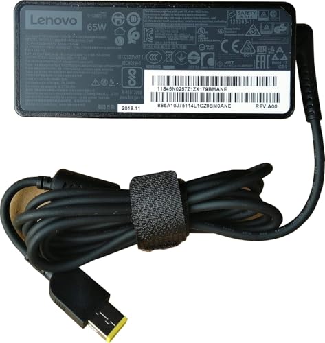 Image of Len-OVO 65W Orignal USB Slim Tip Rectangular pin Laptop Adapter /Charger for Select Models of Lenovo Laptops Black- (with 3 Pin Power Cable)
