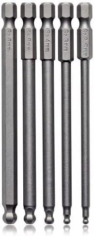 VESTTIO Ball End Hex Head Metric Allen Wrench Screwdriver Bit Set 5PCS 2.5mm 3mm 4mm 5mm 6mm 1/4 Inch Hex Shank 4 Inch/100 mm Length S2 Steel with Magnetic for Power Screwdriver Drill Impact Driver