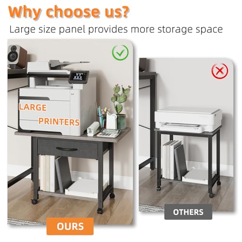 Image of YAOHUOO 22 inchx15 inch Large Printer Stand with Drawer, 2-Tier Rolling Table Cart | Under Desk Printer Table,Storage Fabric Drawer,Fit printer /fax /3d /scanner,4 Lock Wheels or Feet,For Home Office Dorms,Gray