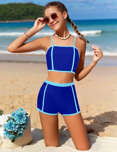 Qaoerde Girls Swimsuit Tankini Set Contrast Trim Sporty Bathing Suit with Swim Shorts Two Piece Girls' Swimwear 7-14Y3