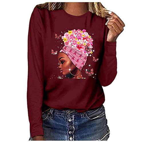 YAnGSale Top Women Casual Blouse Breast Cancer Tops Elegant Ladies Shirt Fashion Printing Sweatshirt Pink Ribbon Pullover (Red, XL)