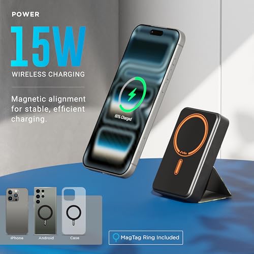 Image of URBN 10000 mAh Stand Magsafe Power Bank with Foldable Stand | 15W Fast Wireless Charging |Strong Magnetic Hold | Type C Input /Output | Pass Through Charging | MagTag Ring Included | (Black Camo)