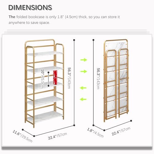 Image of 4NM No Assembly Folding Bookshelf, 5 Tiers Collapsible Book Shelves Open Industrial Foldable Storage Bookcase Shelf for Bedroom, Living Room, Home Office - White and Gold