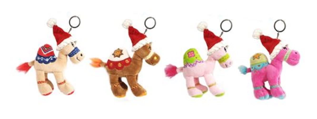Bundle item - Beige camel + Brown camel + Pink camel + Dark Pink camel with keyring attachment with Santa hat, size 12cm.
