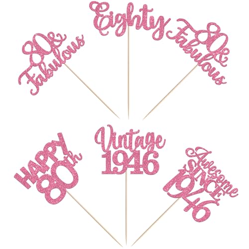 Image of 15 PCS 80th Birthday Centerpiece Sticks Glitter Eighty Happy 80 Vintage 1946 Table Flower Centerpieces Sticks Cheers to 80 Fabulous Floral Decorations for 80th Birthday Party Supplies Pink