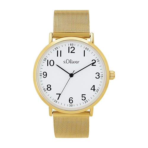 s.Oliver Armbanduhr mit Metallband für Herren, Gold, wasserdichte 3 bar, Geschenkidee, kommt in Uhren Geschenkbox, 2040146