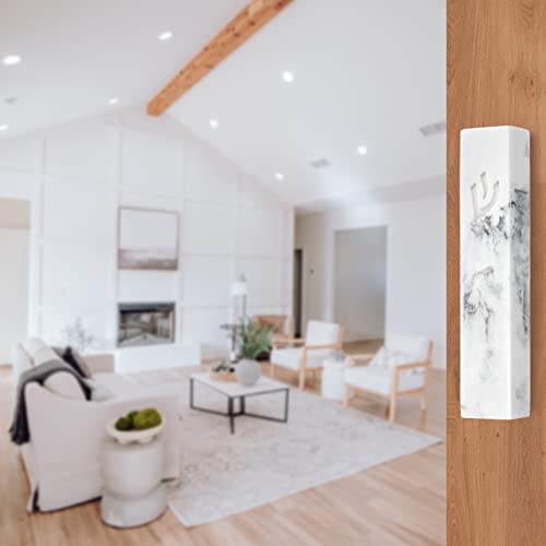 Suri Marble White Contemporary Mezuzah Case With Scroll For Door, Self Stick 5” Mezuza Protection Cover For Indoor And Outdoor, Housewarming Present And Home Blessing Jewish Gift #TOP5