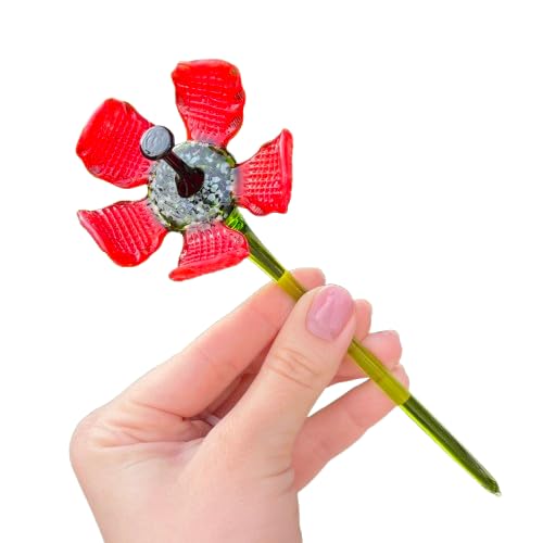 Red Glass Poppy Flower Figurine – Blown Glass Flower Sculpture – Tiny Miniature Art Glass Poppy – Handmade Floral Ornament for Home & Garden Décor