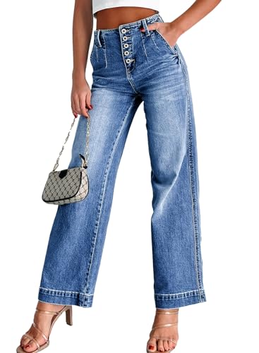Sidefeel Women's Wide Leg Jeans High Waisted Button Fly Casual Fashion Denim Pants Light Blue Size 12