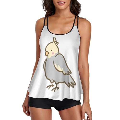 Tankini de loro cacatúa para mujer con pantalones cortos que estilizan la silueta