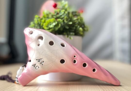 Focalink Professional 12 Holes Alto C Ceramic Ocarina - Pink Glaze W/Natural Crackles. Authenticity Proved by Engraved Identification Code on Each Piece!