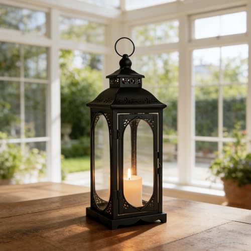 Laterne Schwarz für Kerzen Deko, 35 cm Gartenlaterne Metall für Draußen, Windlichter Outdoor, Grablaterne Friedhof Wetterfest Laternen Vintage für Drinnen Garten Terrasse Halloween Weihnachten – Bild 2