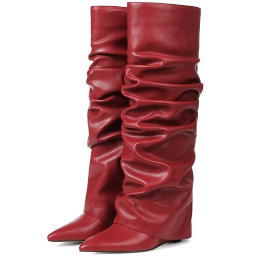 Image of Oiamenne Women's Fold Over Boots Slouch Wide Calf Knee High Boots | 3.15 inch Wedge Heel, Pointed Toe Tall Boots, Pull-on, Faux Leather Boots for Party Daily Wear