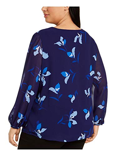 Calvin Klein Womens Blue Floral Long Sleeve V Neck Tunic Top Size 1X #TOP1