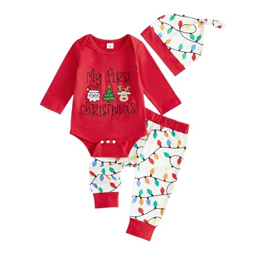 My First Christmas Baby Girl Boy Outfit Long Sleeve Romper Onesie Top+Pants+Headband Fall Winter Clothes (Red Coloured lamp 3-6 Months)
