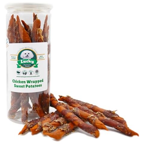 Lucky Premium Treats Chicken Wrapped Sweet Potato Dog Treats, Natural Sweet Potato and Chicken Wraps, Gluten-Free Dog Chews, Healthy Snacks for Dogs, 6.5", 11 Chews Cover