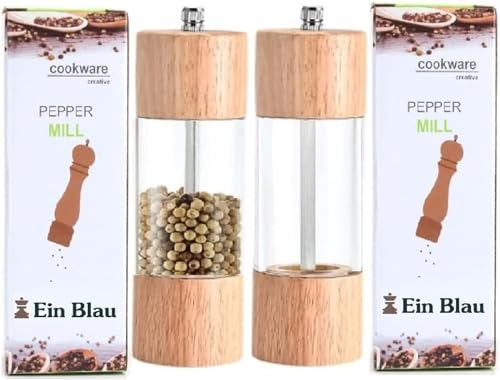 Ein Blau Wooden Pepper Mill or Salt Mill - Ceramic Blades and Adjustable Coarseness, Best Refillable Multi-Purpose Grinder for Salt, Pepper, Spice, Herb, Sesame Seed (Modern Clear Window x 2)