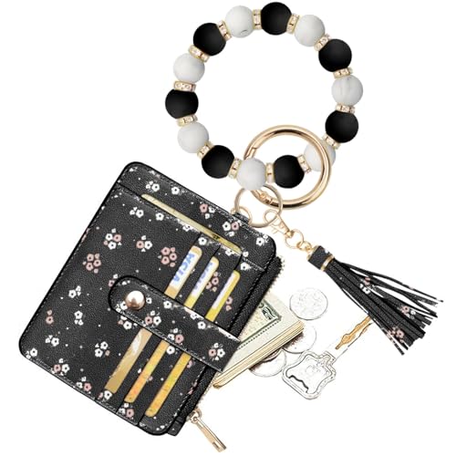 Image of COOLANS Silicone Bracelet Wristlet Wallet Credit Card Holder RFID ID Window Key Ring Tassel Slim Wallet Women Keychain Purse