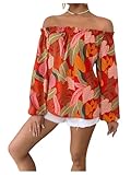 MakeMeChic Women's Off Shoulder Blouse Lantern Long Sleeve Frill Trim Floral Print Shirt Tops Multicolor Medium