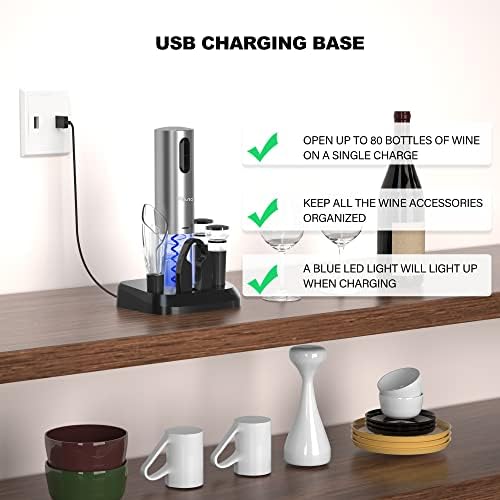 Flauno Electric Wine Opener with Charging Base, Cordless Automatic Corkscrew Set with Foil Cutter, Aerator Pourer, 2 Wine Vacuum Stopper, 7-in-1 Gift Set for Wine Lover
