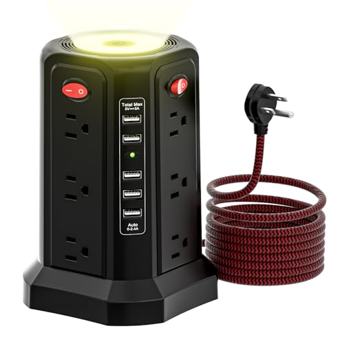 PASSUS Surge Protector Power Strip with 5 USB Ports and Night Light,10FT Braided Extension Cord with 12 AC Multiple Outlets, Power Tower Overload Protection for Home Office Dorm Room Essentials