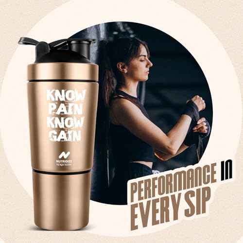 Image of Stainless Steel Shaker Bottle for Protein, 590ml Water Bottle with Extra Compartment | Leak-Proof, BPA-Free, Durable, and Multi-Functional for Protein Shakes (Bronze)