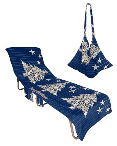 Navy Blue Christmas Tree Beach Lounge Chair Towel Cover, Soft Chaise Lounge Towel with Side Pockets Patio Pool Chairs Cover for Beach/Pool Sunbathing 29x85 Xmas Coastal Starfish Shell