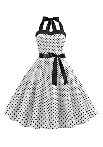 Yming Damen Swing Audrey Hepburn Stil Kleid Mit Gürtel 1950er Polka Dot Kleid Vintage Abendkleid Weiß XS