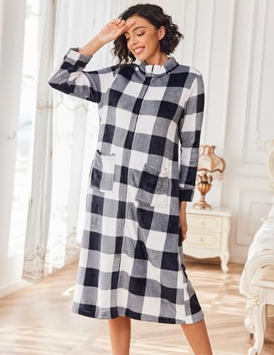 Ekouaer Women Zipper Robe Fleece Long Sleeves Bathrobe Sleepwear Warm Soft Housecoat with Pockets Zip Up House Dresses2