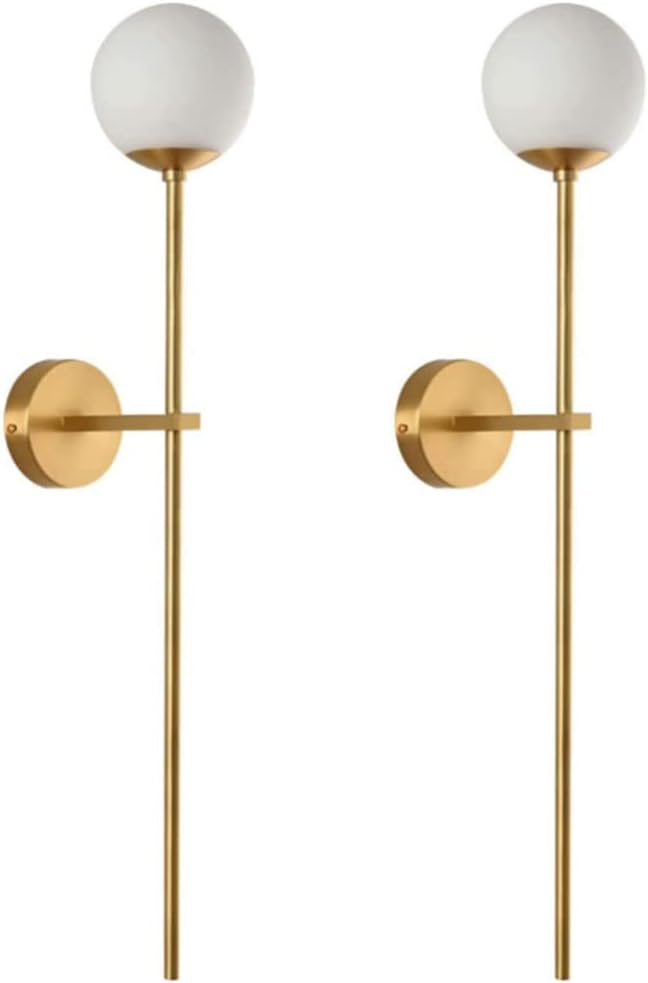 BOKT Modern 2-Lights Glass Globe Wall Sconce Antique Brass Wall Mounted Light Industrial Long Pole Wall Lamps 2 Pack Bathroom Vanity Light for Living Room Bedside Stairway Hallway (Milk White-2 Pack)