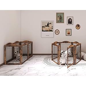   GHQME-No-Assembly-144-Extra-Wide-30-Tall-Freestanding-Pet-Gate-with-Door-Walk-Through-Accordion-Folding-Dog-Gate-for-Doorways-Stairs-Indoor-Playpen-with-2PCS-Support-Feet-Rustic-Brown