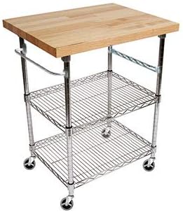 Omega Maple Wood Countertop installed as the top surface of a metal utility cart with two wire shelves.