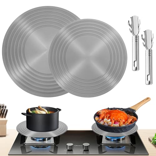 2 Pack Gas Stove Heat Diffuser Plate, Round Fast Defrosting Tray Aluminum Non-Stick Coating Cookware Simmering Thawing Plate Conduction Multifunctional, Flame Guard Protection Stovetop (9.3'' & 11'')