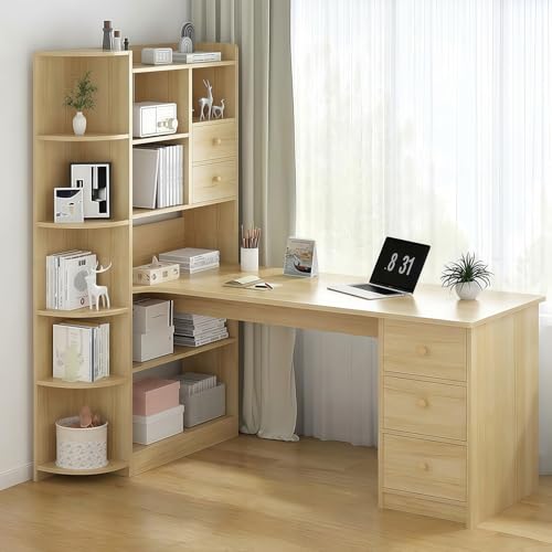Consejos para Comprar Escritorios de Madera favoritos de las personas. 49 UNKKS Escritorio Minimalista,Escritorio En L,librero Organizador,Escritorio para Computadora con Repisas,Decoración de Madera con 5 Compartimentos,Escritorio Ahorra Espacio...